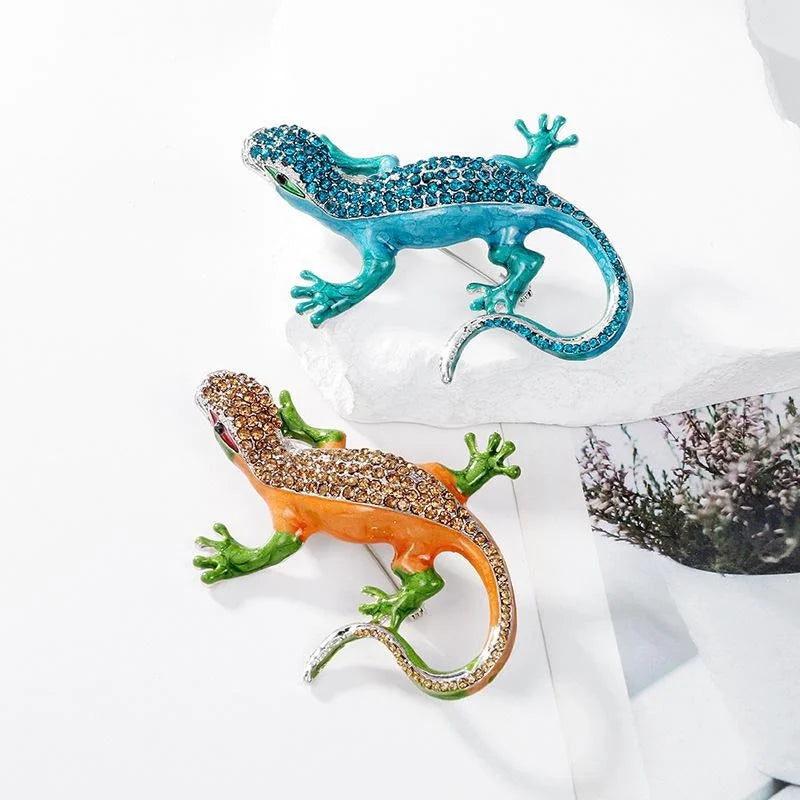 Luxury Enamel Gecko Lizard Brooch With Champagne Rhinestones, Elegant Lapel Pin Corsage Suit Accessory