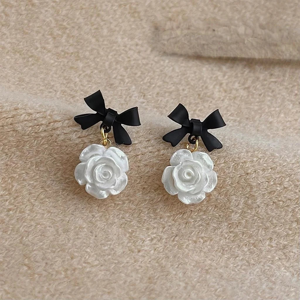 Resin Flower Bow Stud Earrings With Silver Plated Pins, Korean Japanese Statement Jewelry