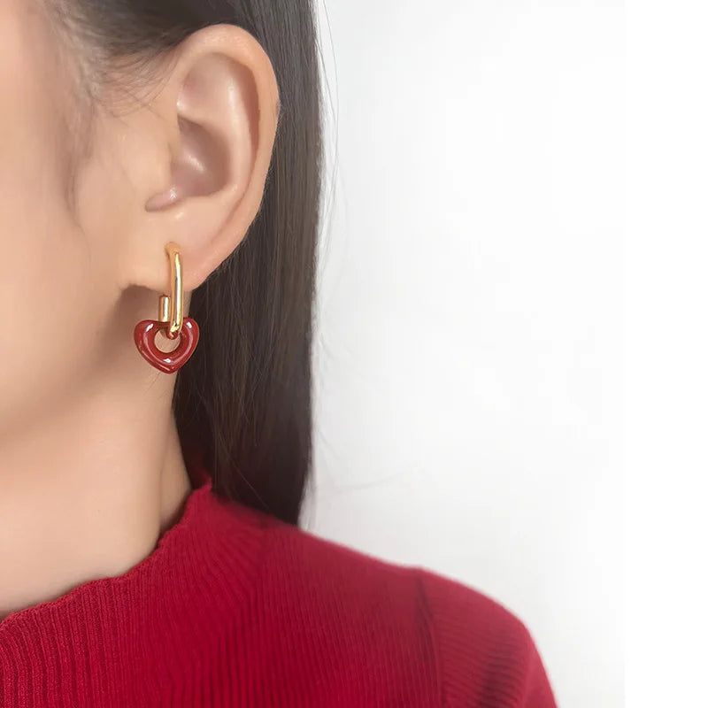 Elegant Red Enamel Heart Charm Gold Alloy Hoop Stud & Clip On No Piercing Fashion Earrings