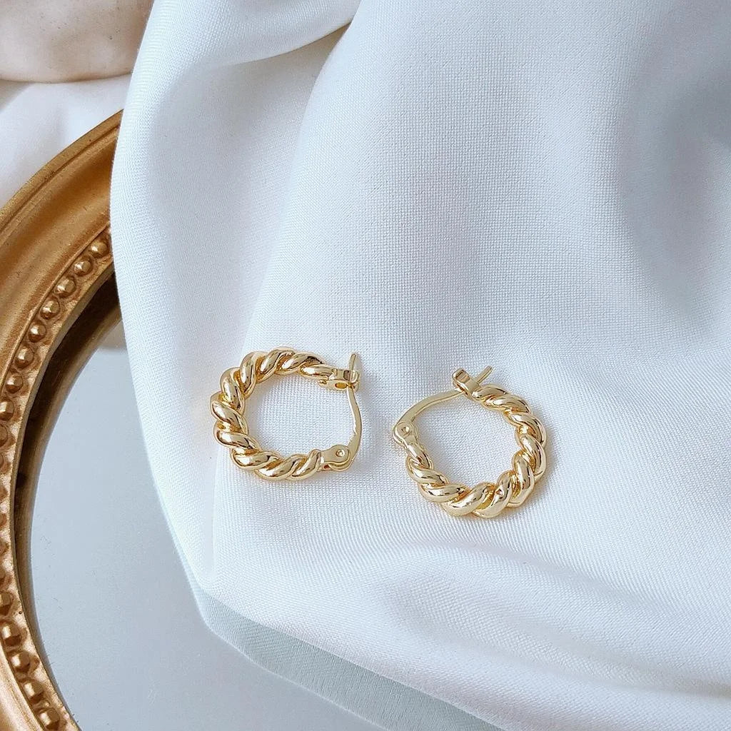 14K Gold Plated Copper Twisted Hoop Earrings Korean Style Small Versatile Jewelry For Women