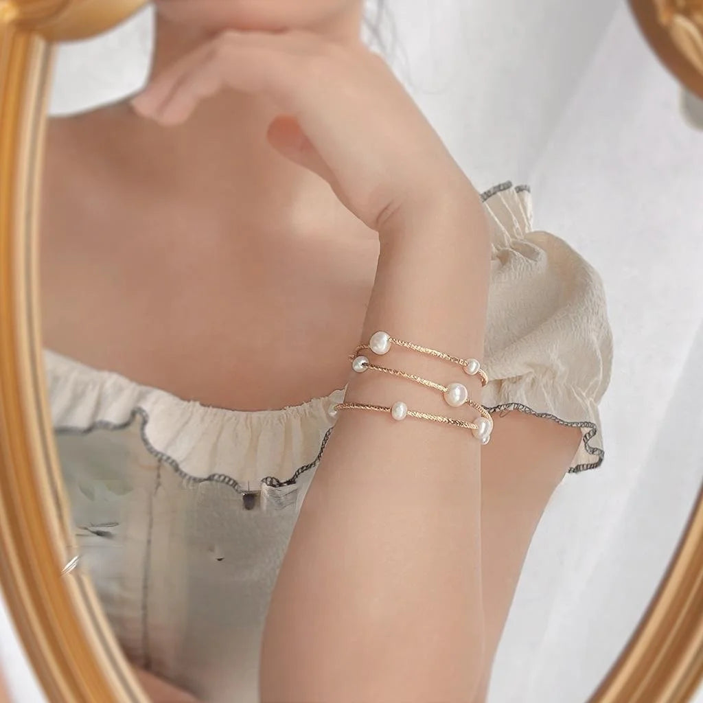 French Court Style Triple Strand Freshwater Pearl Bracelet Handmade Geometric Luxury Jewelry