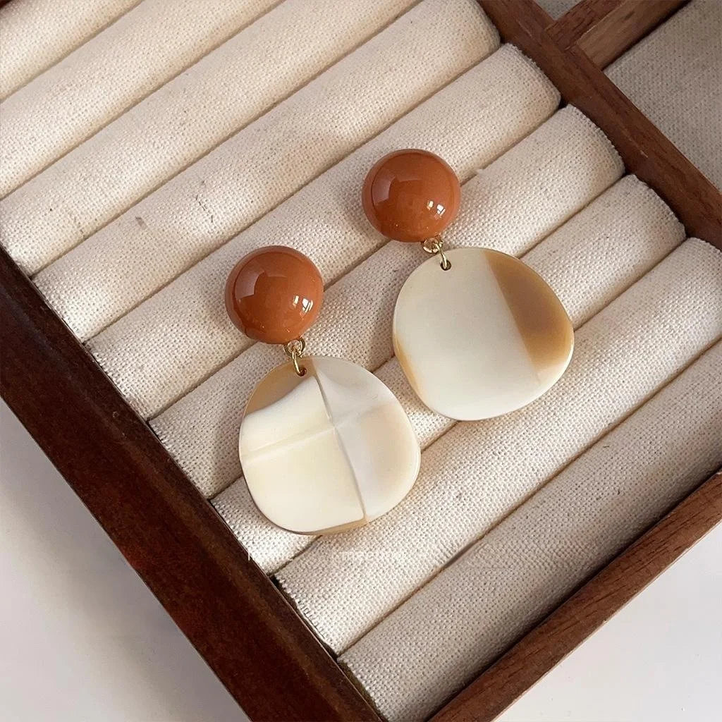 Milk Tea Color Acrylic Irregular Geometric Stud Earrings With Copper For Women