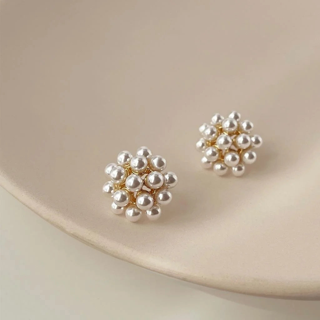 14K Gold Plated Copper Pearl Flower Stud Earrings Light Luxury Geometric Commuter Jewelry