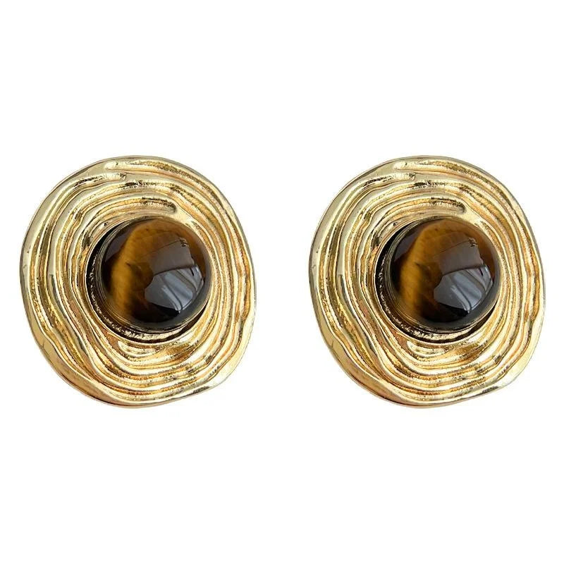 14K Gold Plated Tiger Eye Round Geometric Stud Earrings For Women Vintage Copper Jewelry