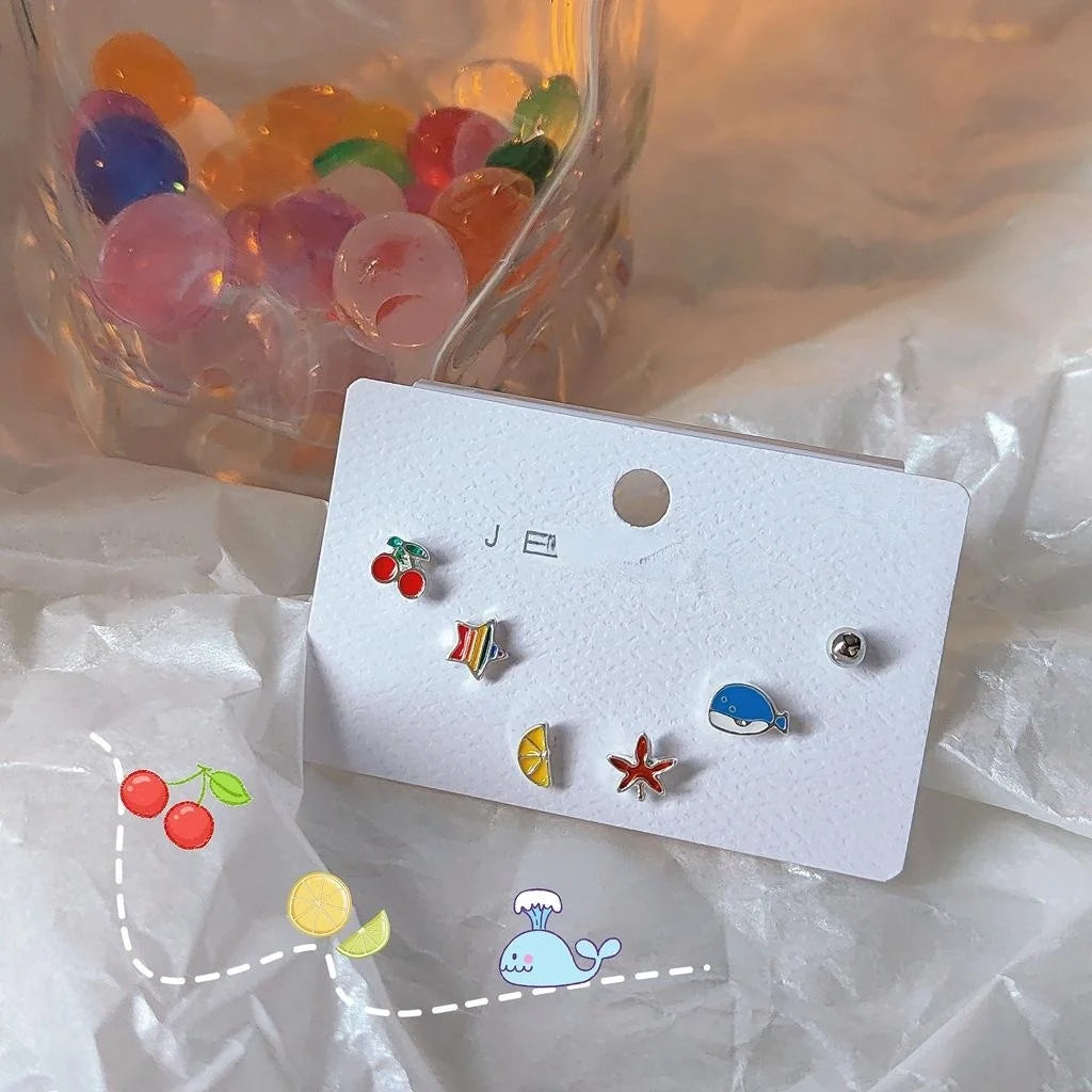 6-Piece Mini Enamel Cherry Stud Earrings, Silver-Plated Copper Cute Fruit Jewelry