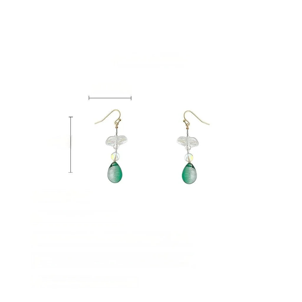 Handmade New Chinese Style Jade Color Glass Crystal Geometric Lotus Leaf Drop Earrings