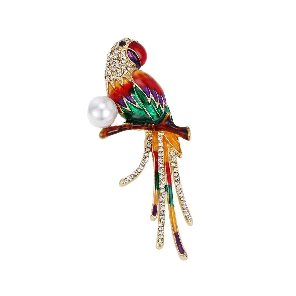 Elegant Enamel Parrot Brooch With Rhinestone And Pearl Accent, Luxury Bird Lapel Pin Suit Accessory Gift