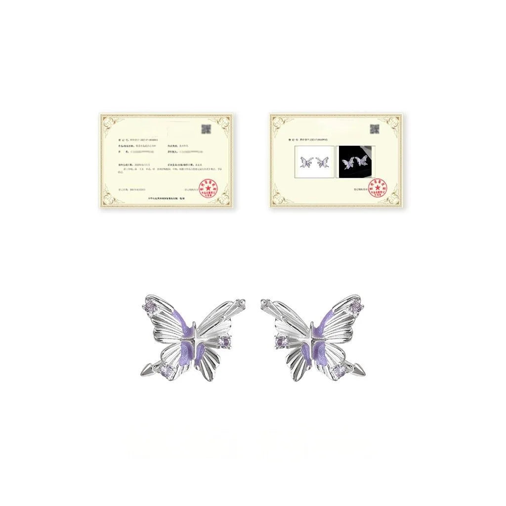 Original Designer Eco Copper Zircon Purple Butterfly Stud Earrings For Women Sweet Cool Style