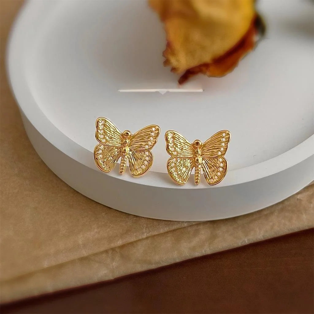French Vintage Fluttering Butterfly Stud Earrings Copper Elegant Office Jewelry