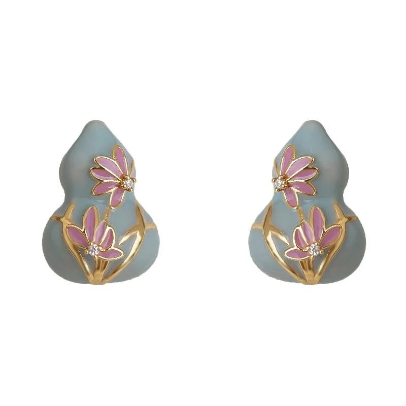 Chinese Style Enamel Painted Copper Lotus Gourd Stud Earrings