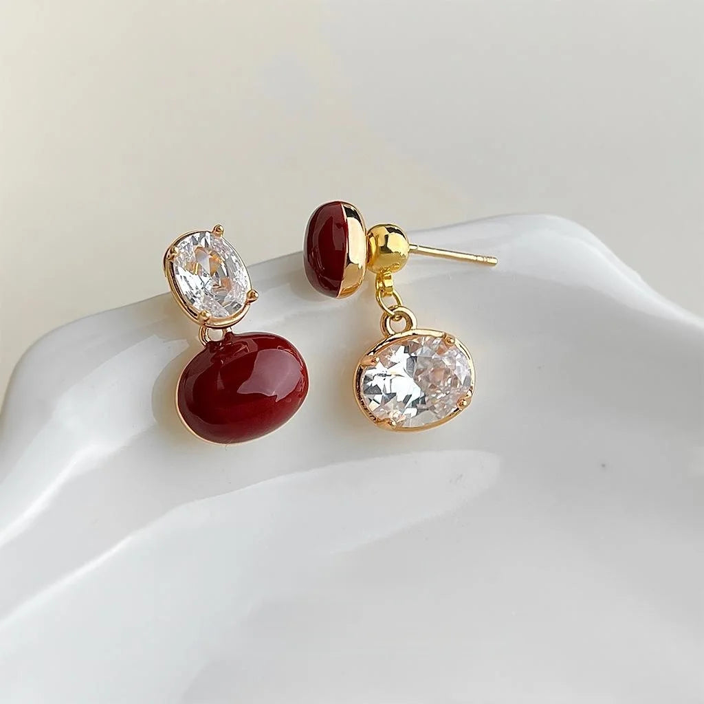 Vintage Hepburn Wine Red Enamel Zircon Copper Geometric S Drop Earrings