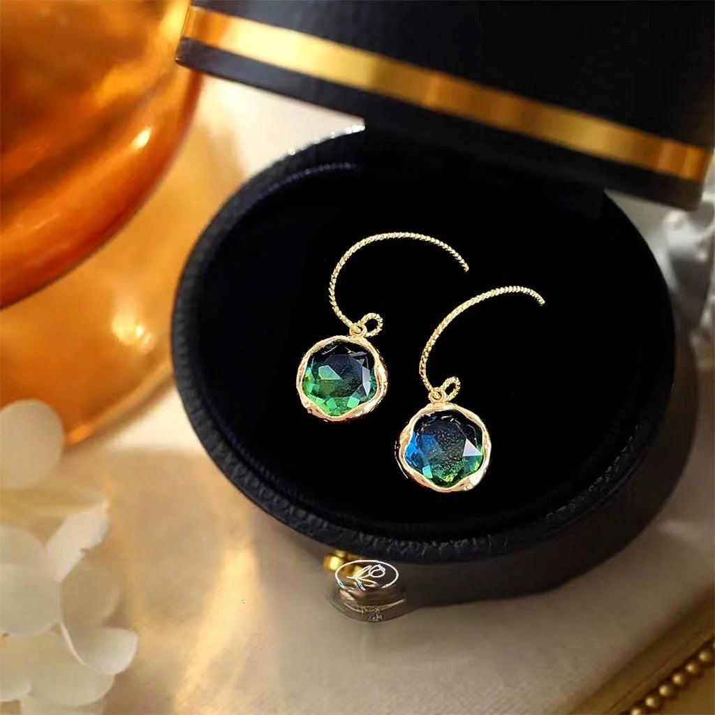 French Vintage Gradient Glass Crystal Geometric Round Copper Drop Earrings