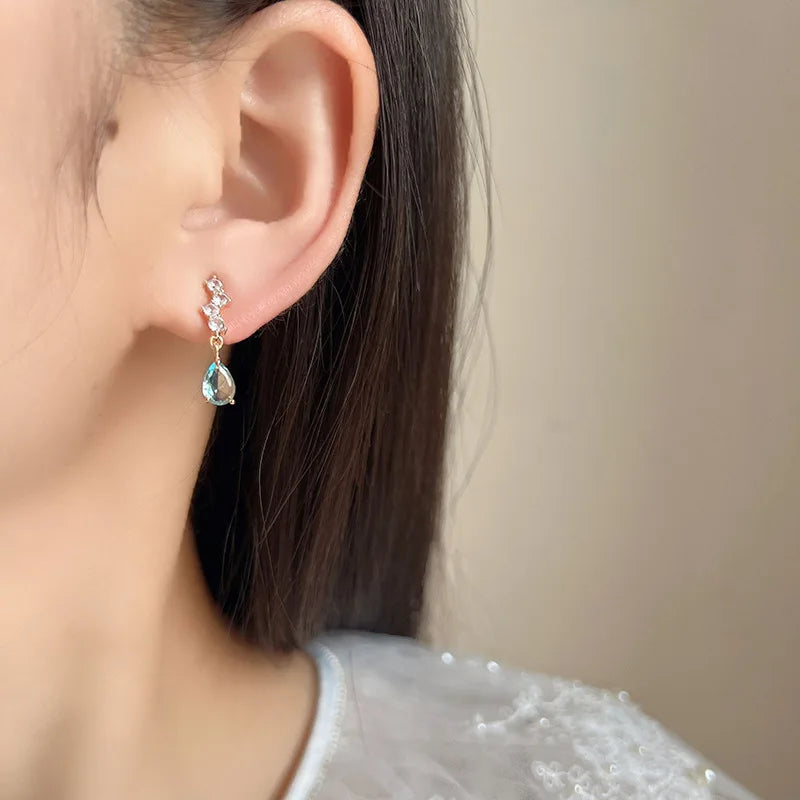 Elegant Blue Teardrop Zircon Gold Tone Alloy Spiral Stud & Clip On No Piercing Dangle Earrings