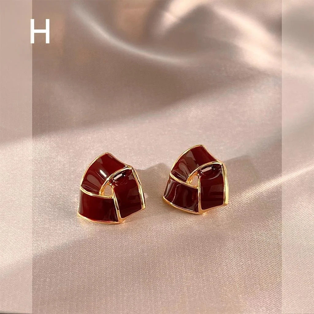 Vintage Red Woven Enamel Copper Triangle Geometric Stud Earrings Minimalist Elegant Jewelry