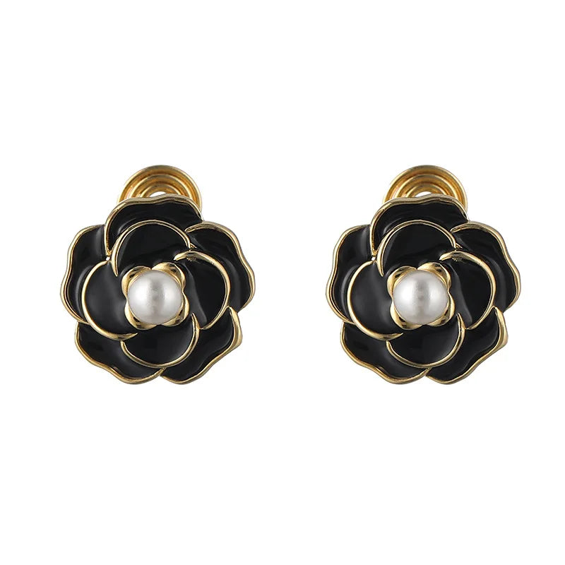 Elegant Black Enamel Camellia Flower Pearl Alloy Stud & Clip On No Piercing French Style Earrings