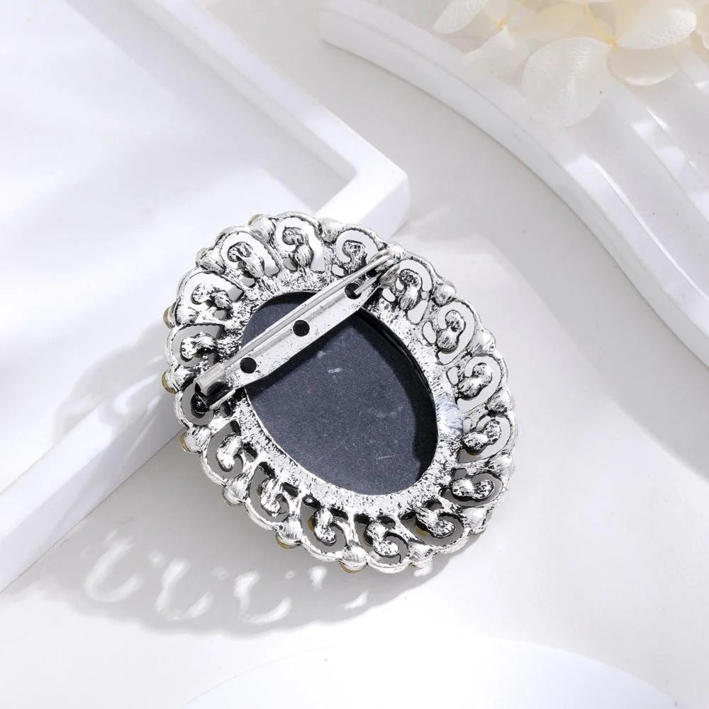 Vintage Victorian Queen Cameo Brooch With Rhinestone Alloy Filigree Frame, Elegant Lapel Pin Suit Accessory
