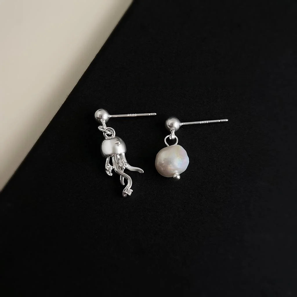 Asymmetric Baroque Freshwater Pearl Jellyfish Drop Earrings With Silver Plated Pins