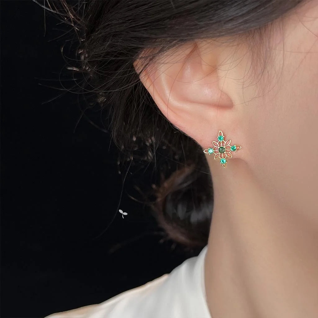 14K Gold Plated Copper Micro Pave Emerald Zircon Hollow Star Flower Stud Earrings