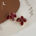 French Vintage Burgundy Enamel Copper 3D Leaf Two-Way Designer Drop Earrings