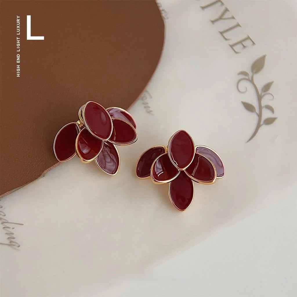 French Vintage Burgundy Enamel Copper 3D Leaf Two-Way Designer Drop Earrings