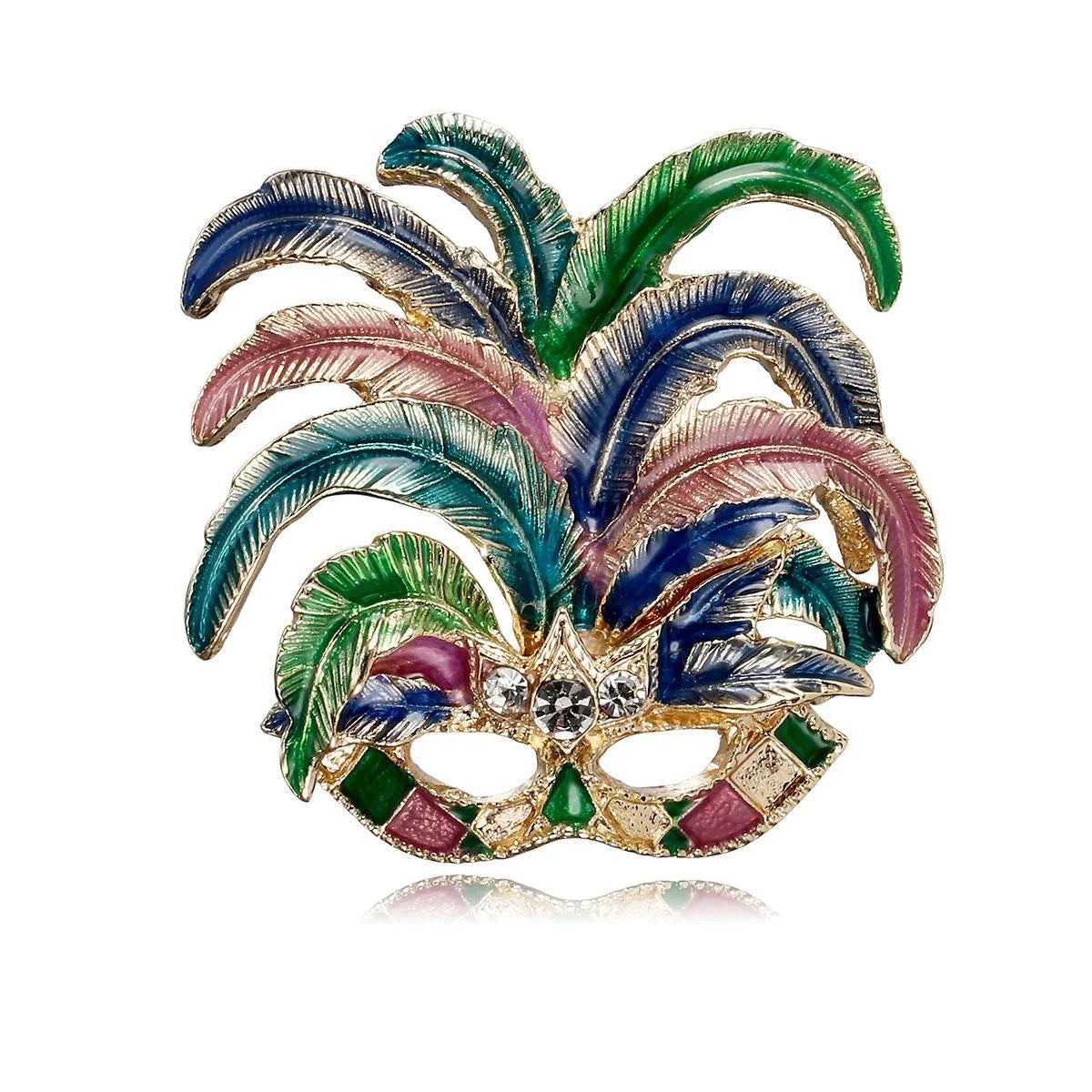 Elegant Colorful Enamel Feather Masquerade Mask Brooch With Rhinestones, Luxury Lapel Pin Suit Accessory