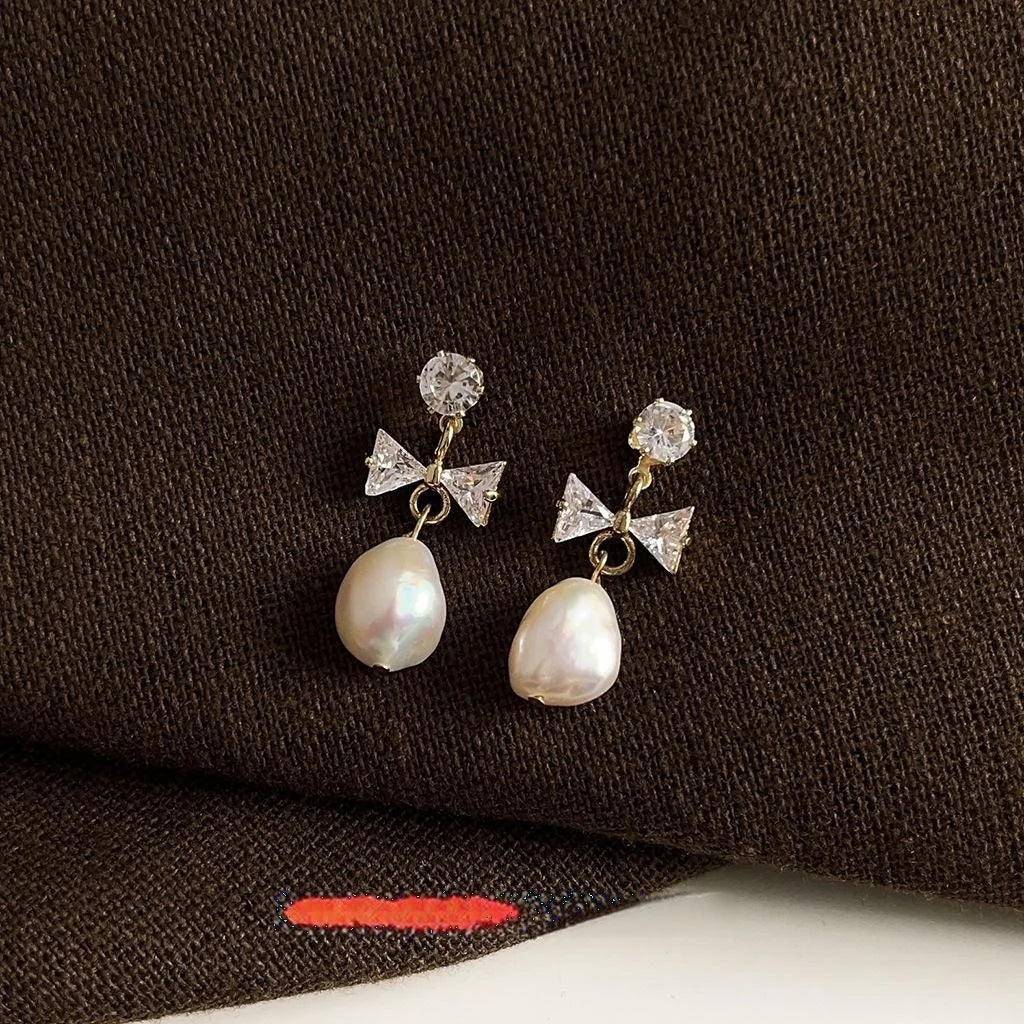 Vintage Baroque Freshwater Pearl Bow Drop Earrings With Zircon And Silver Plated Pins