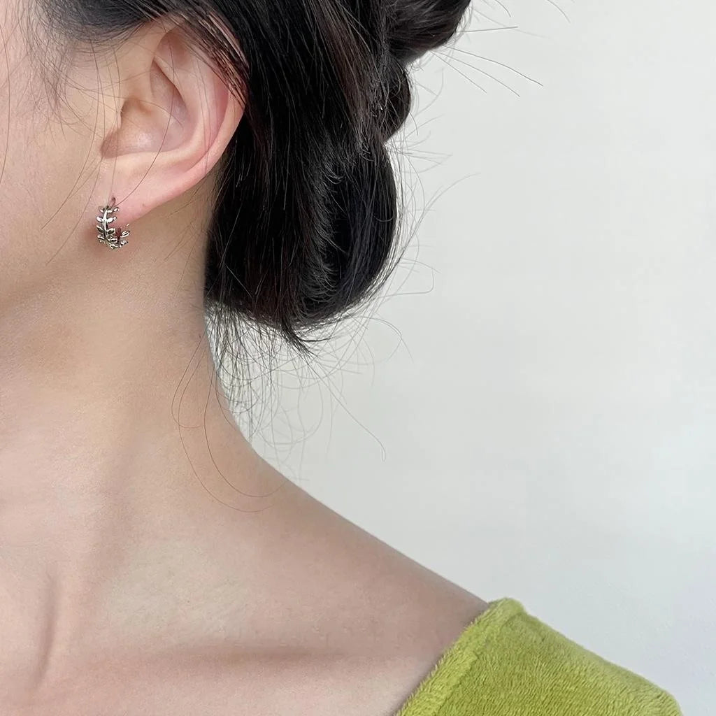 Copper Olive Leaf Hoop Drop Earrings Minimalist Wheat Leaf Metal Commuter Jewelry