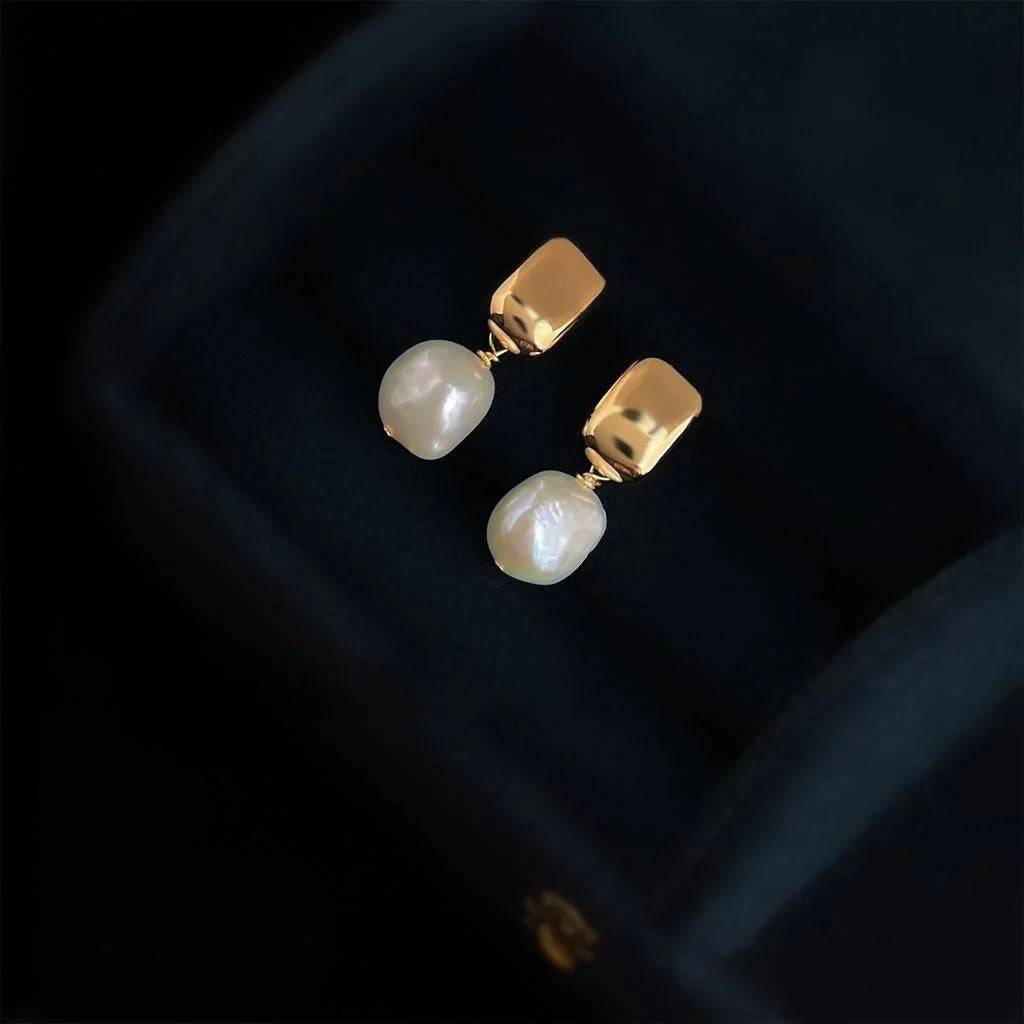 14K Gold Plated Copper Baroque Freshwater Pearl Irregular Geometric French Vintage Drop Earrings