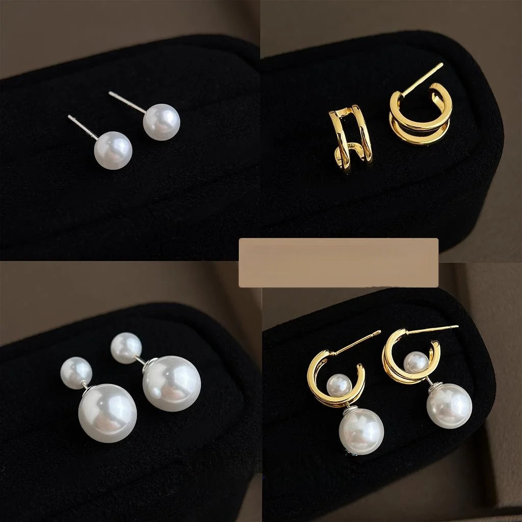 French Vintage Copper Pearl C-Shaped Hoop Earrings Light Luxury Geometric Metal Earrings