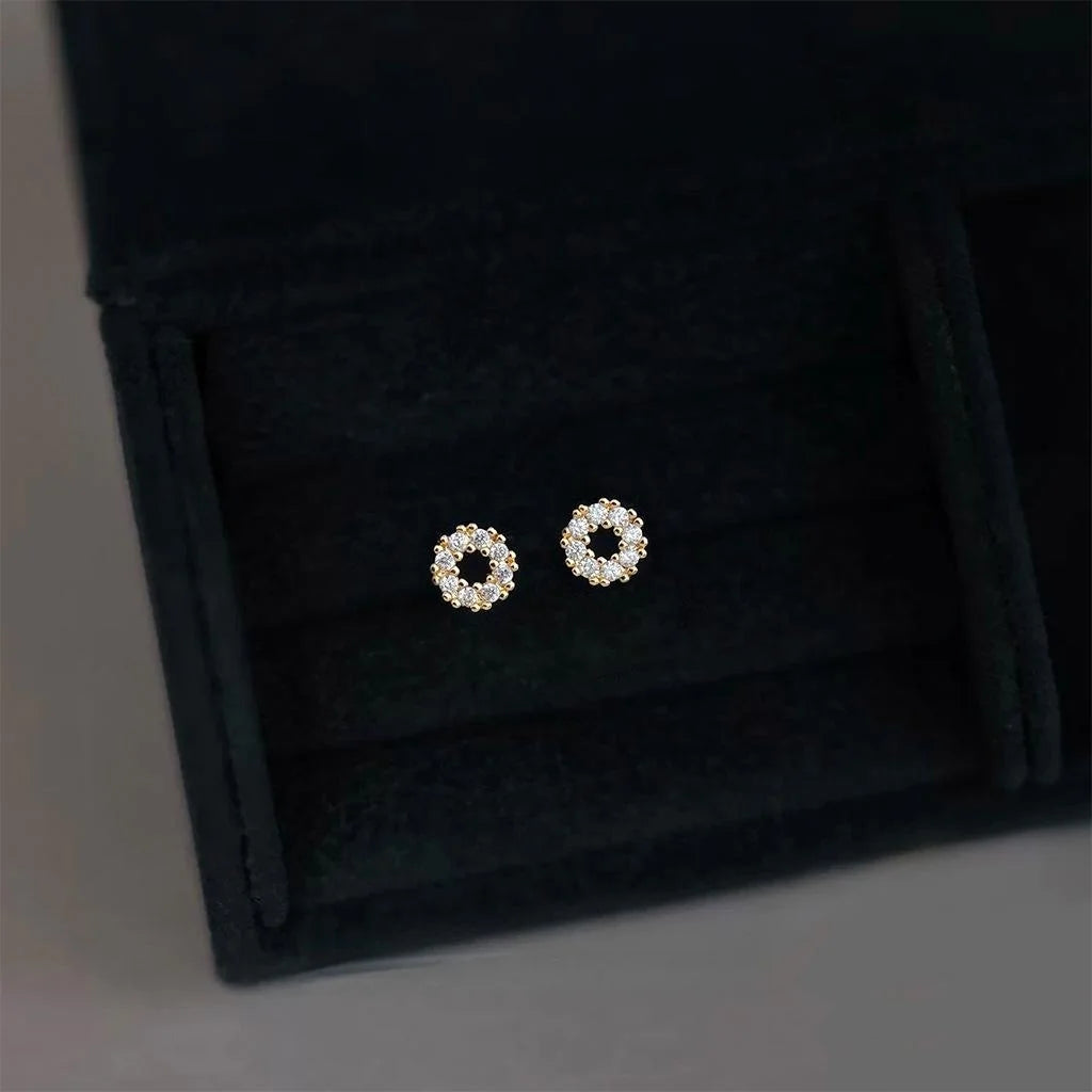 Mini Minimalist Copper Micro Pave Zircon Round Geometric Stud Earrings For Women