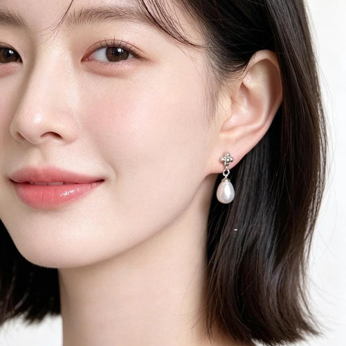 High-End Creative Pearl Teardrop Geometric Copper Drop Earrings With Silver Plated Pins