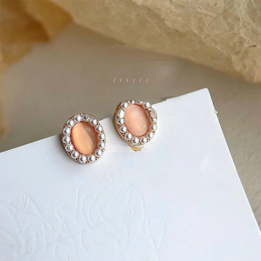 French Vintage 14K Plated Oval Glass Cat Eye Pearl Geometric Stud Earrings For Women