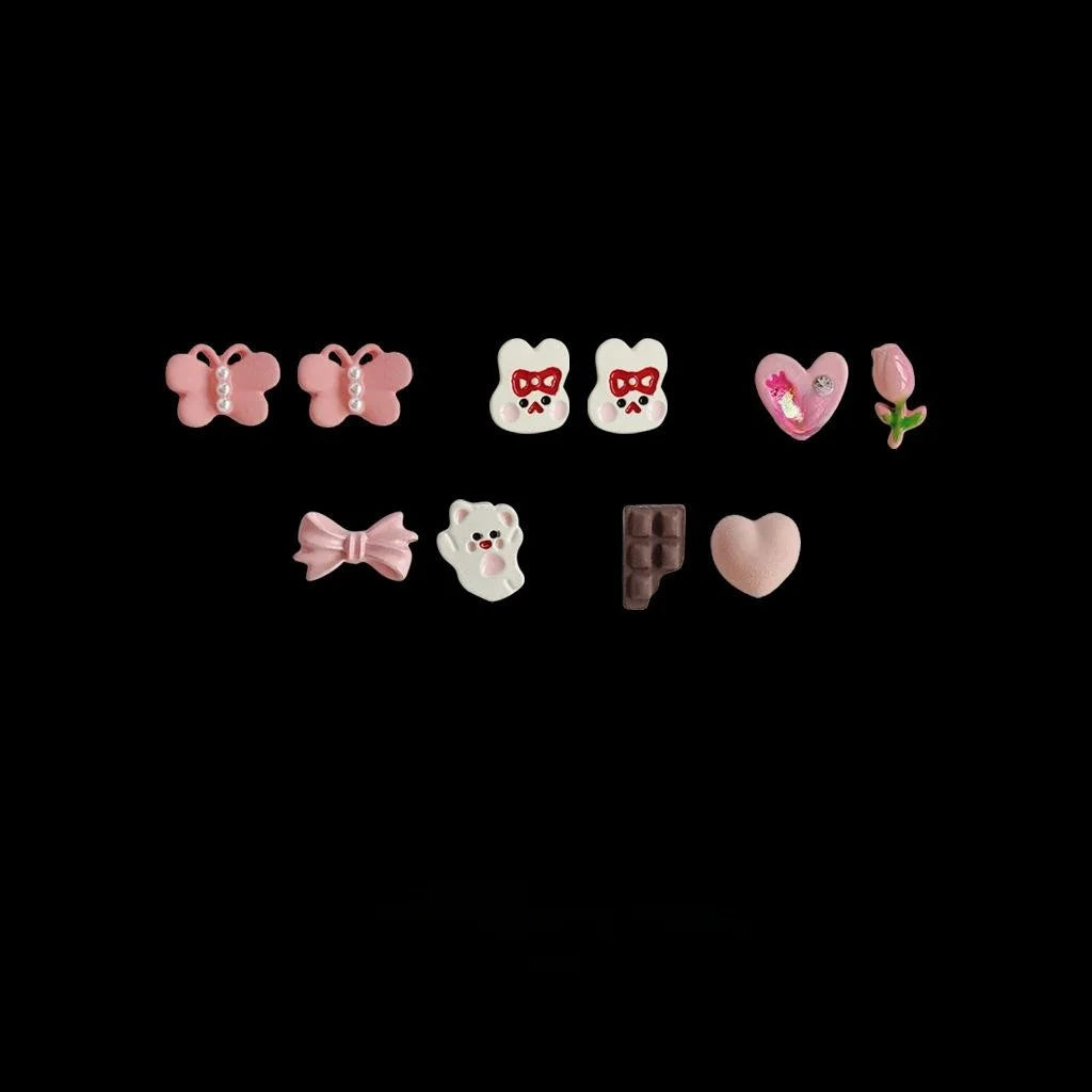 Korean Japanese Cute Pink Flower Butterfly Bear Rabbit Metal Stud Earrings For Women Girls