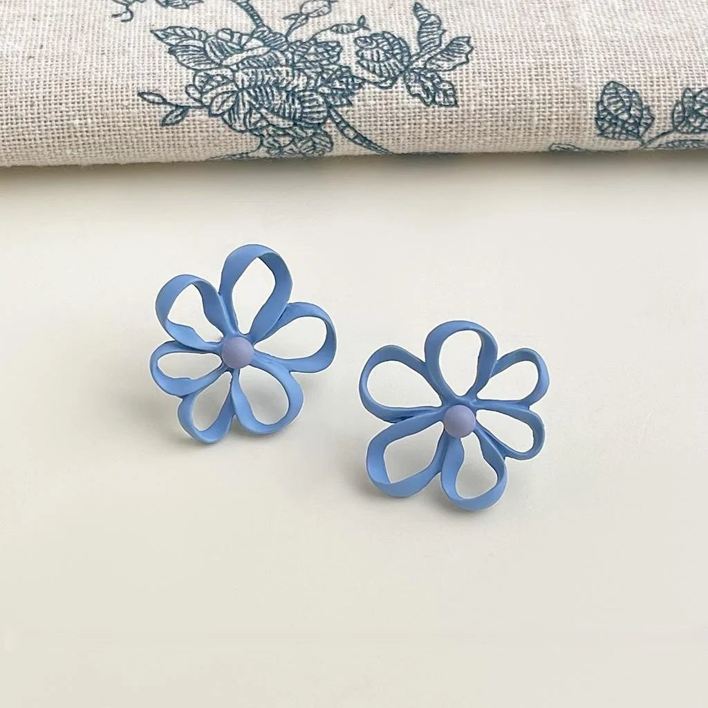 Haze Blue Enamel Hollow Flower Stud Earrings Elegant Casual Autumn Winter Jewelry