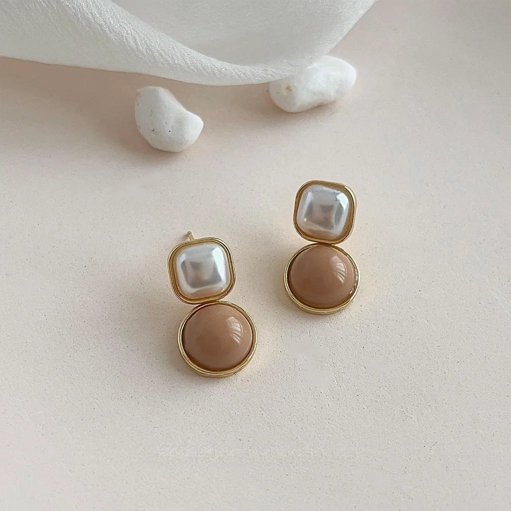 French Maillard Geometric Drop Earrings, Copper, Round Square Vintage Style