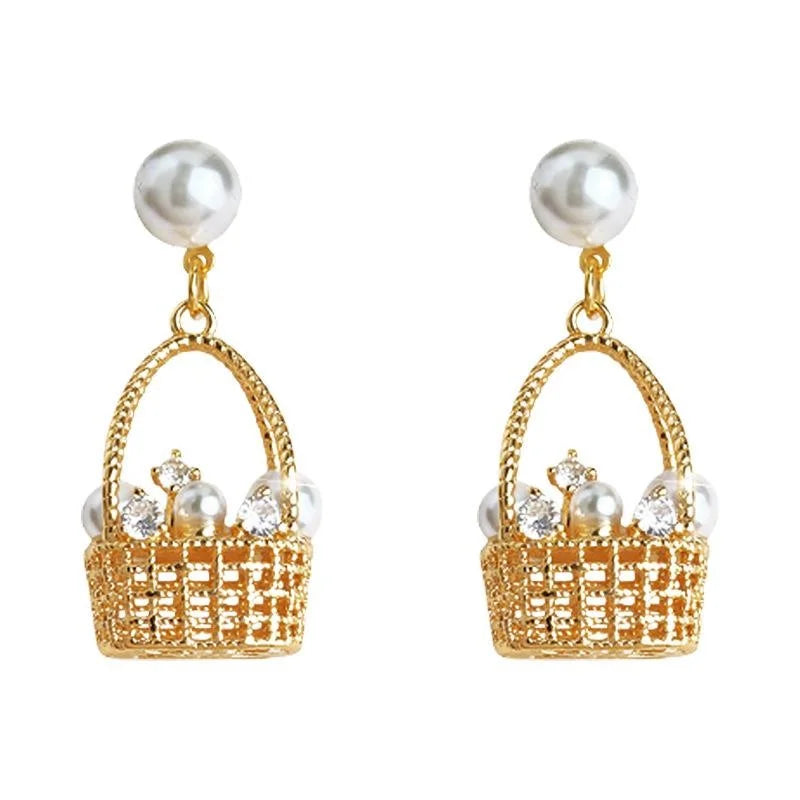 Pastoral Flower Basket Drop Earrings With Pearl Zircon Micro Pave Copper
