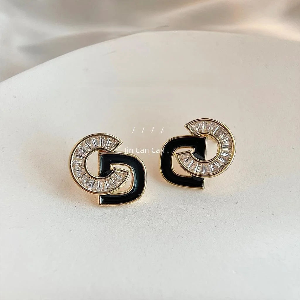 Light Luxury Copper Enamel English Letter Zircon Stud Earrings Vintage French Style