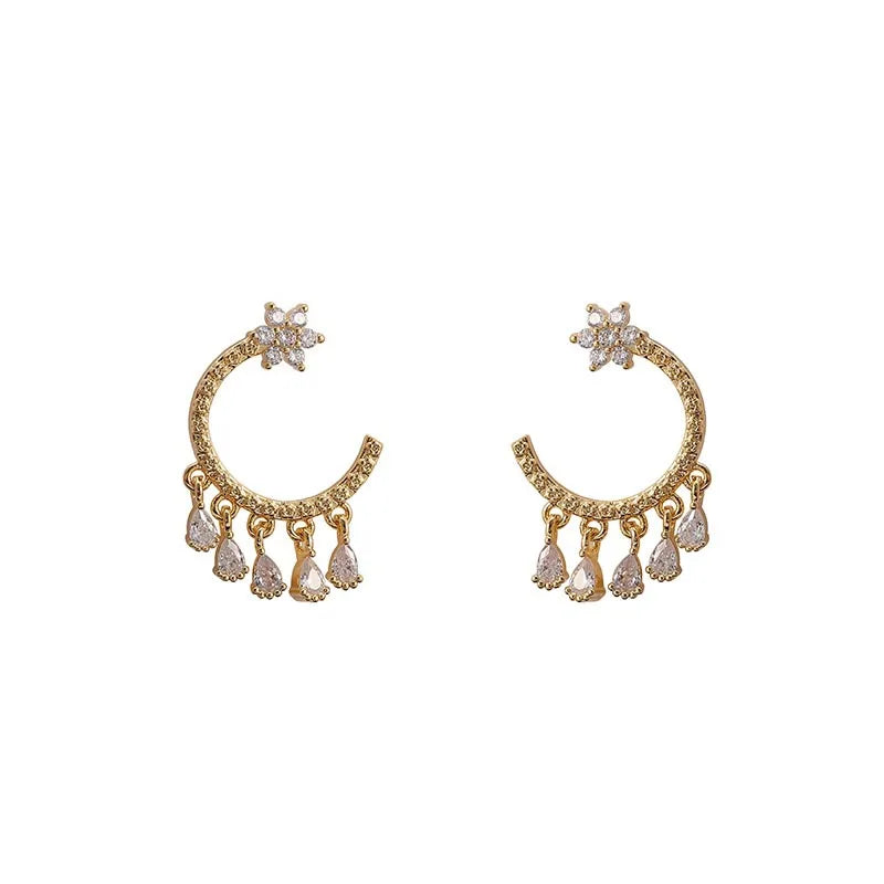 Elegant C Shape Hoop Spiral Disc Stud & Clip On No Piercing Alloy Rhinestone Teardrop Dangle Earrings