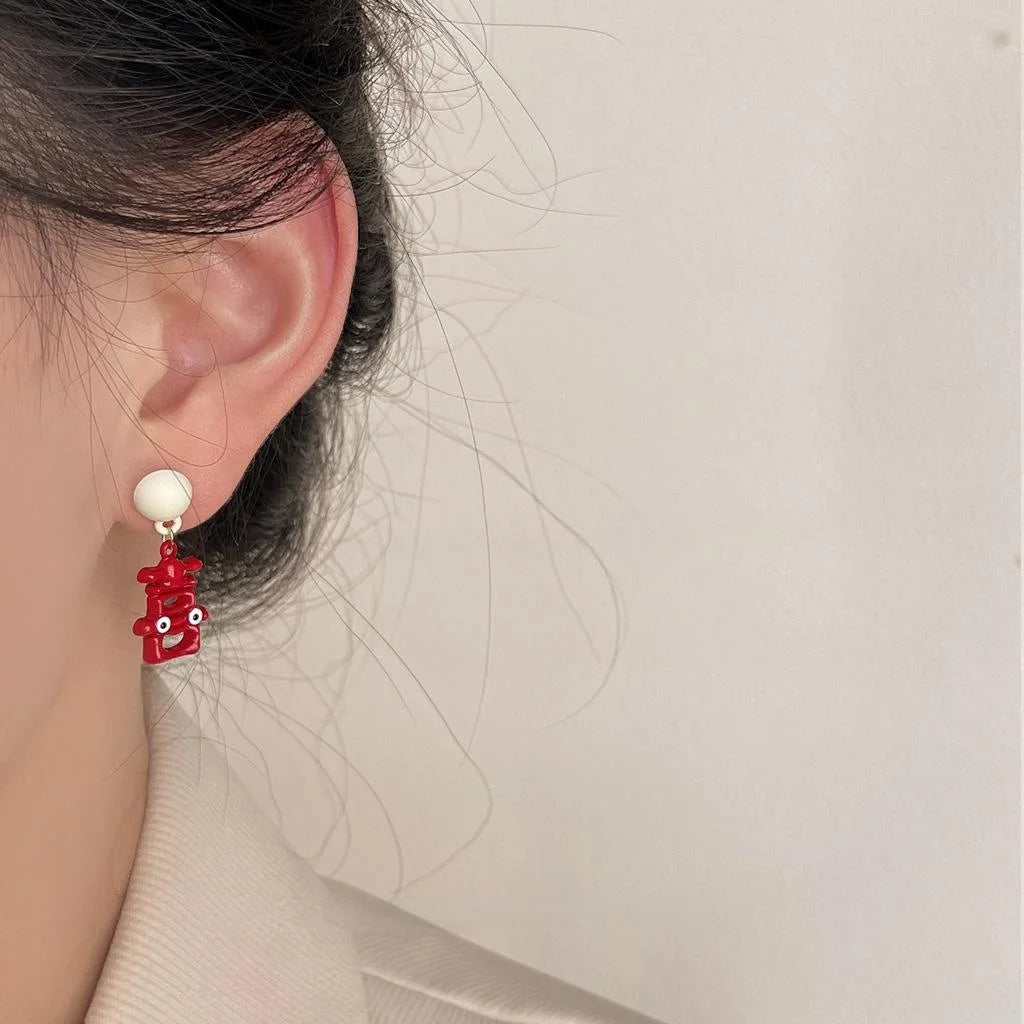 Festive Red Enamel Chinese Character Drop Earrings Copper Posts New Year Jewelry