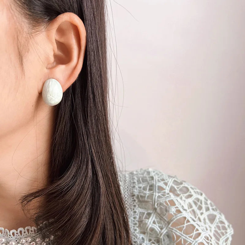 Light Blue Oval Bean Pearlescent Enamel Stud & Clip On No Piercing Elegant Vacation Earrings