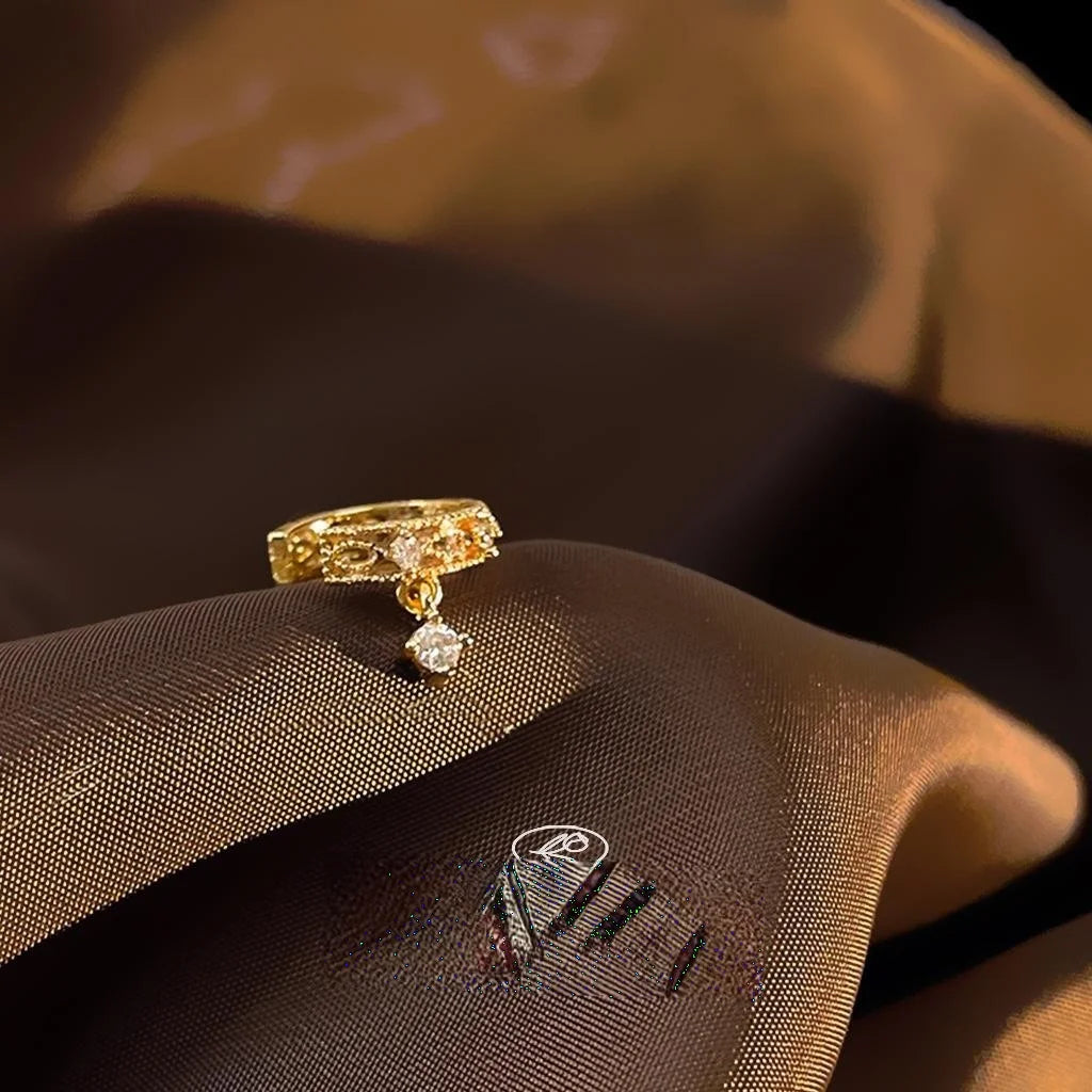 French Style 14K Gold Plated Copper Micro Pave Zircon Hoop Ear Clip Drop Earrings