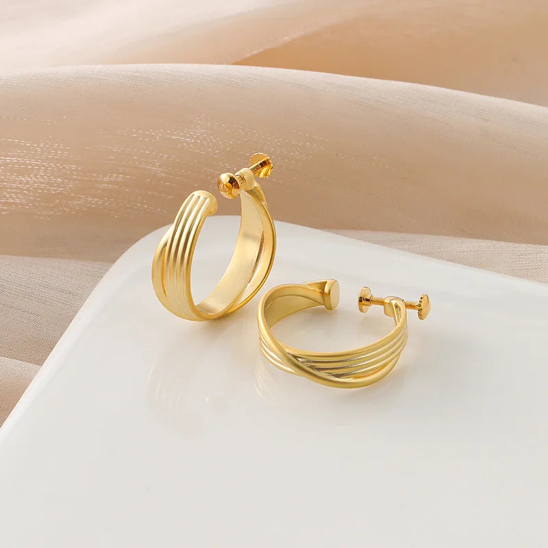 Elegant Luxury Matte Gold Alloy Crossed C-Shaped Ribbed Hoop Stud & Clip On No Piercing Earrings