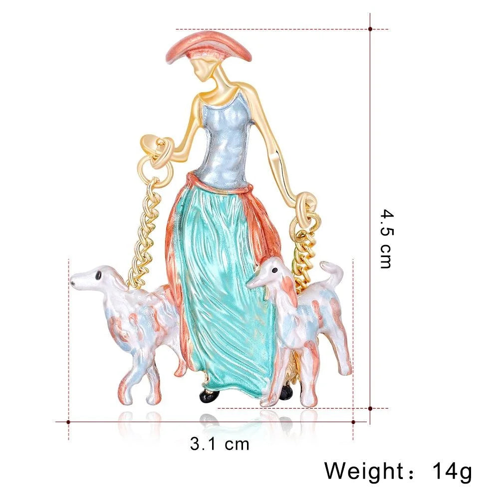 Elegant Enamel Alloy Lady Walking Dogs Brooch, Cute Painted Girl Lapel Pin Corsage Suit Accessory Gift
