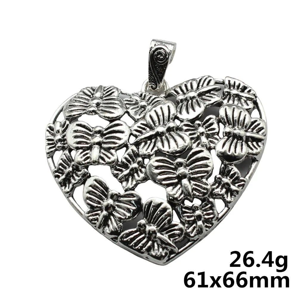61x66mm 26.4g Antique Silver Zinc Alloy Heart Butterfly Charm Pendant for DIY Necklace Jewelry Making