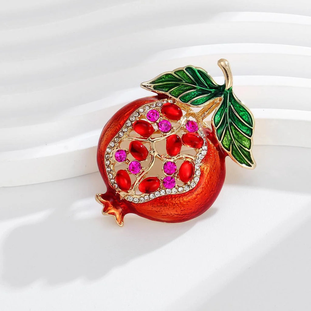 Elegant Enamel Pomegranate Fruit Brooch With Rhinestones, Women's Lapel Pin Corsage Suit Accessory Gift