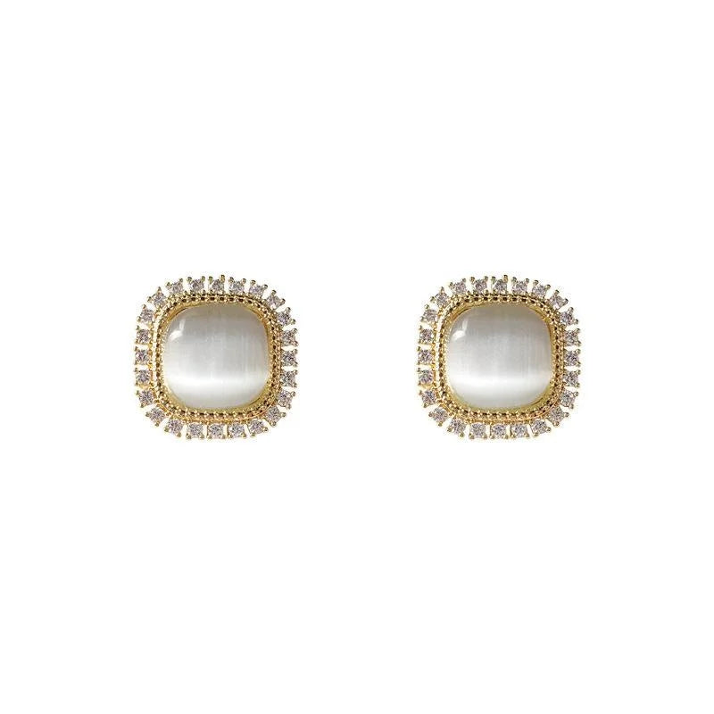 Vintage French Geometric Square Glass Cat Eye Stone Micro Pave Zircon Copper Stud Earrings