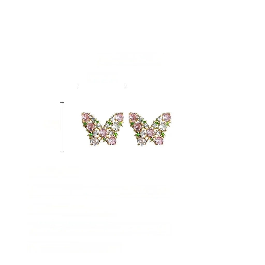 Colorful Zircon Butterfly Stud Earrings Eco Copper Lolita Style Insect Jewelry