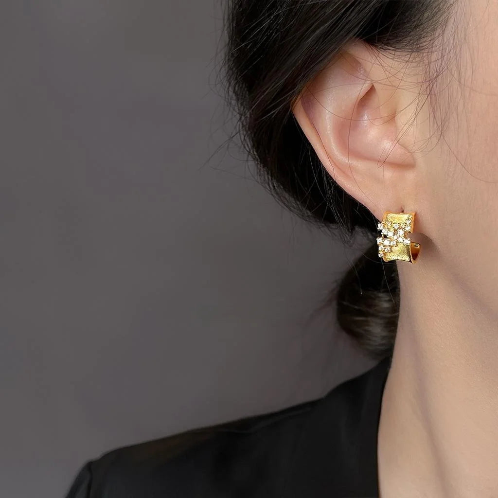 14K Plated Copper Zircon Geometric U Hoop Drop Earrings Old Money Style