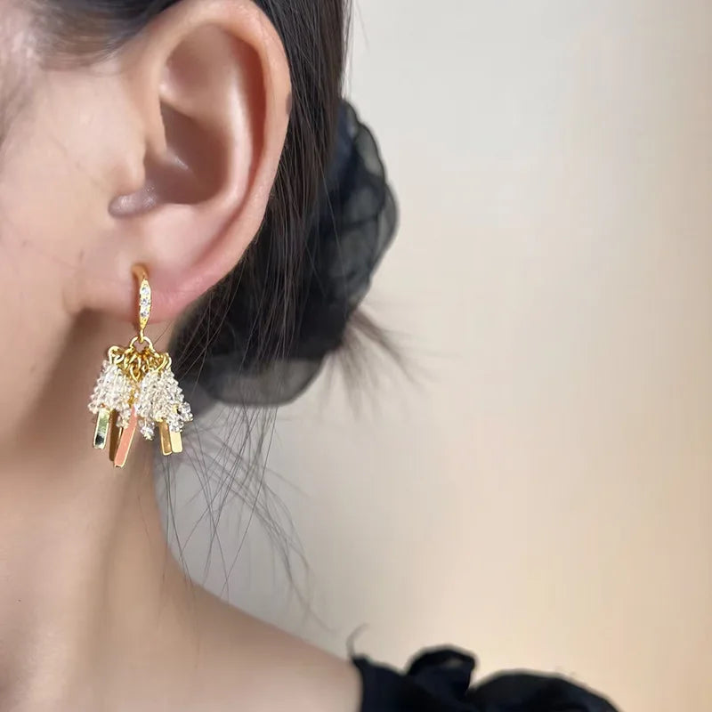 Luxury Handmade Spiral Crystal Tassel Alloy Bar Drop Stud & Clip On No Piercing Statement Earrings