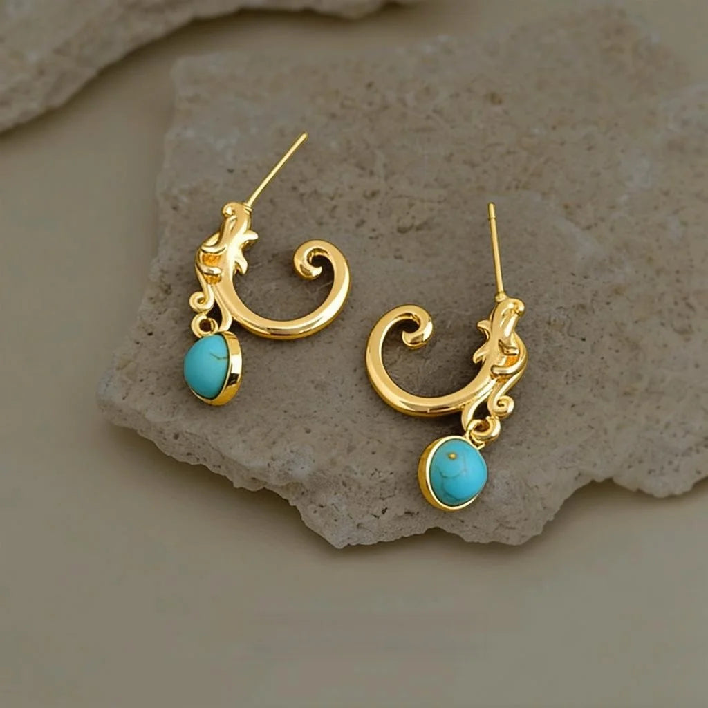 Dragon Pattern Synthetic Turquoise Copper Drop Earrings Old Money Geometric Round Jewelry